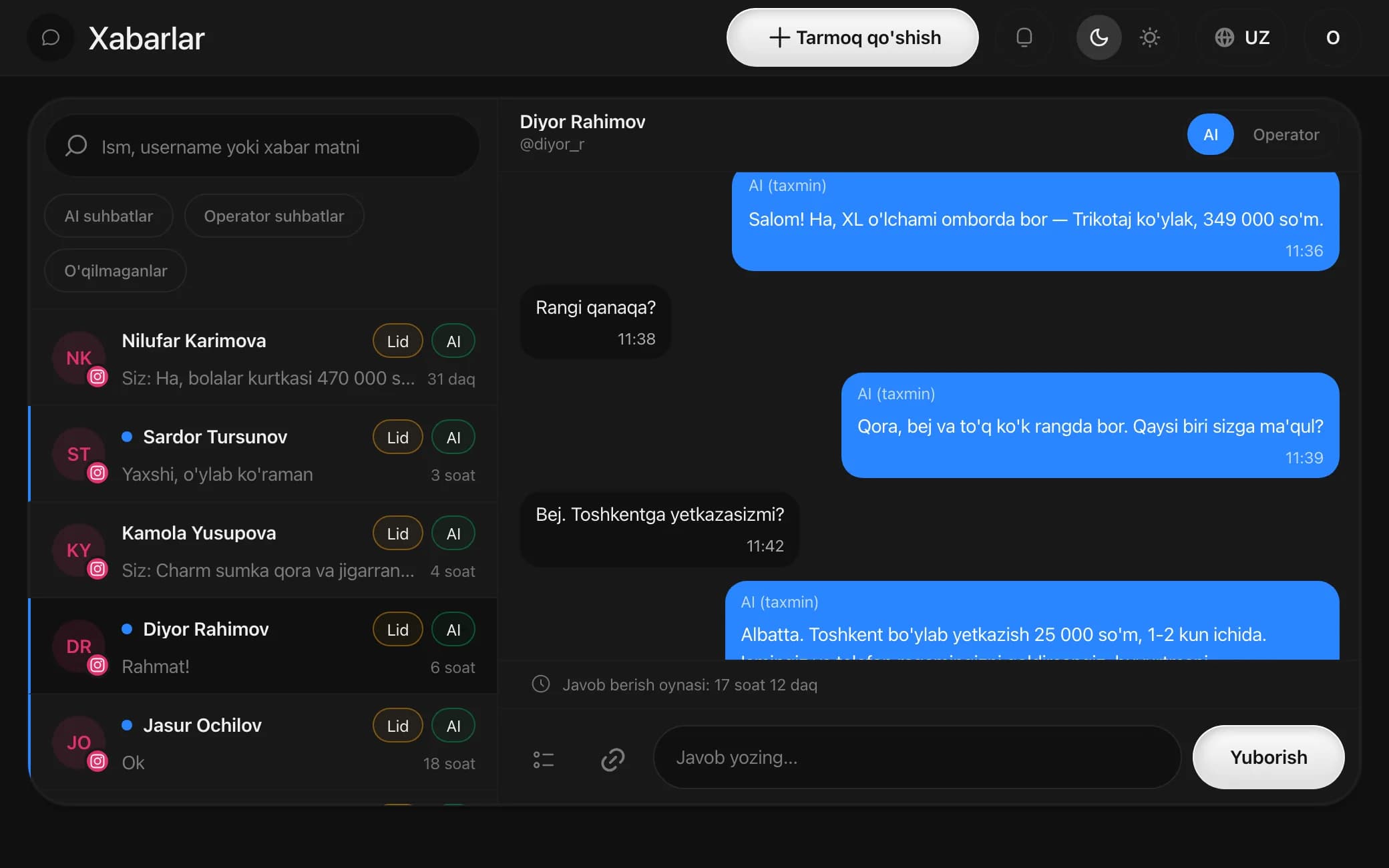 MediaPilot suhbatlar oynasi — AI va operator holatlari bilan